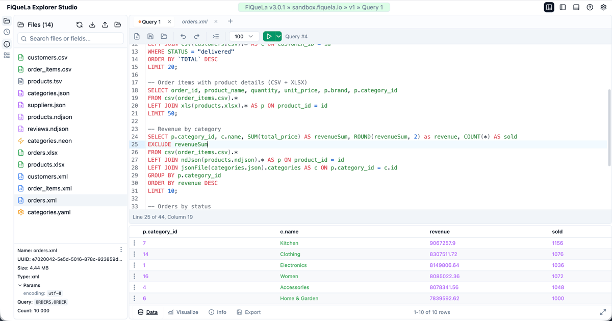 Explorer Studio — SQL editor with FQL queries and results